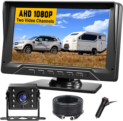 RV Backup Camera Plug and Play, 7'' Backup Camera for Truck Trailer, No Delay, 1080P HD, 2 Channels, 150° Wide Angle, DIY Guide Lines, Night Vision, IP69 Rear View Camera