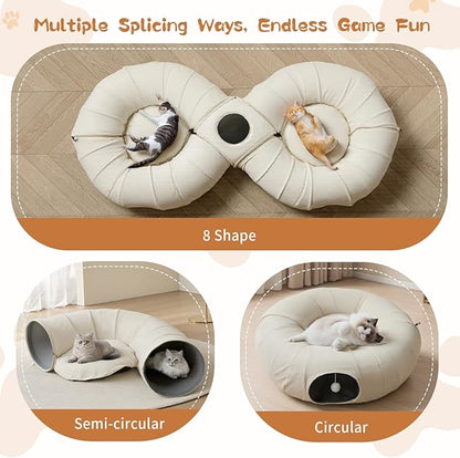 Pawaboo 2-in-1 Cat Tunnel Bed for Indoor Cats, 8-Shaped Large Cat Tunnels with Plush Cushions, Foldable Cats Cave Hideout Kitty Toys with Fluffy Balls, Donut Tunnel for Kitten Rabbit Ferret,Beige