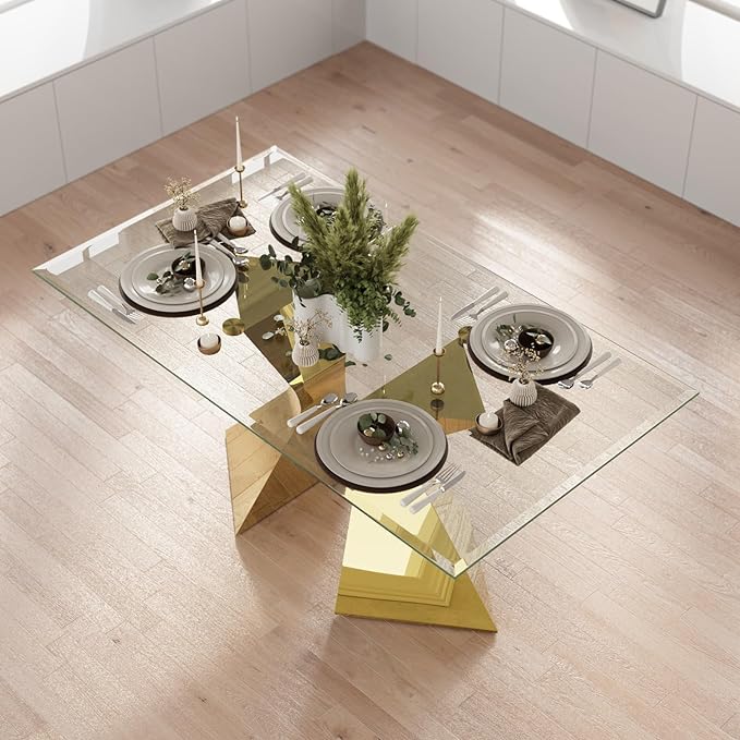 63in Gold Dining Table, Rectangular Glass Dining Table for 4-6 with Waved Legs in Polished Gold Chrome Finish, for Luxury Kitchen, Dining Room, Living Room,Apartment