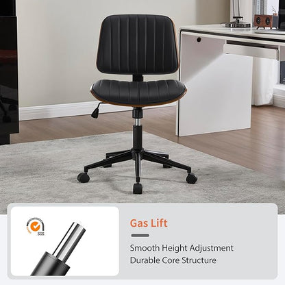 Small Home Office Chair - Armless Mid Back Desk Chair with 360° Swivel and Wheels, PU Upholstered Height Adjustable Modern Walnut Computer Chair for Home, Office Meeting Room - Black