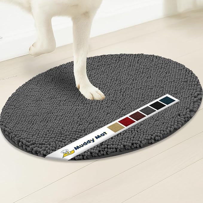 Muddy Mat® Shown on TV – Super Absorbent Microfiber Dog Door Mat for Muddy Paws, Non-Slip Washable Pet Rug, Quick Dry Chenille Entryway Carpet, Machine Washable Indoor Outdoor Mat, Grey Oval 5ft x 7ft