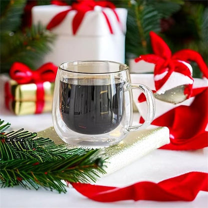 CNGLASS 10oz Double Walled Glass Coffee Mugs(2-pack),Clear Coffee Cups with Handle,Glass Espresso Mugs for Latte,Cappuccino,Tea