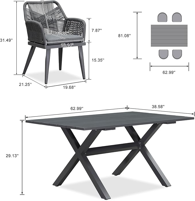 PURPLE LEAF 5 Pieces Outdoor Dining Set All-Weather PE Rattan Outdoor Patio Furniture Set with All Aluminum Frame Rectangular Table and Chairs Set for Lawn Garden Backyard Deck, Grey
