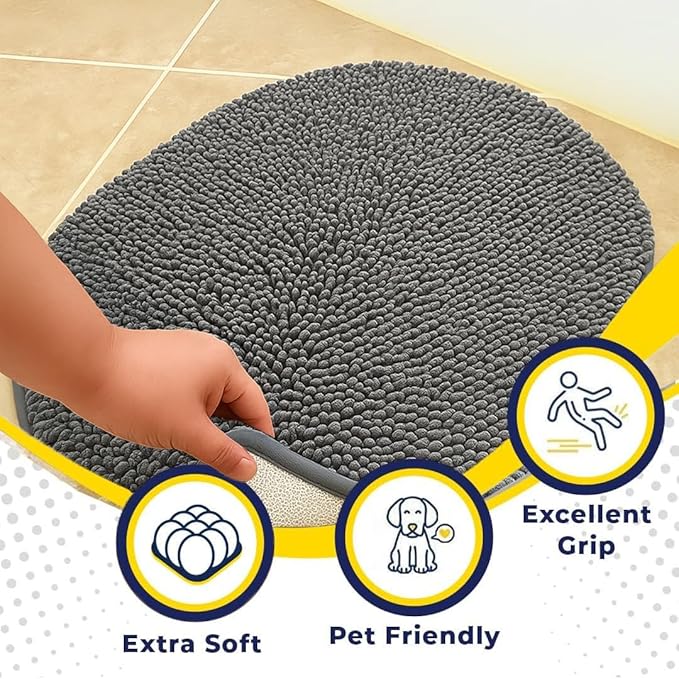 Muddy Mat® Shown on TV – Super Absorbent Microfiber Dog Door Mat for Muddy Paws, Non-Slip Washable Pet Rug, Quick Dry Chenille Entryway Carpet, Machine Washable Indoor Outdoor Mat, Grey Oval 5ft x 7ft