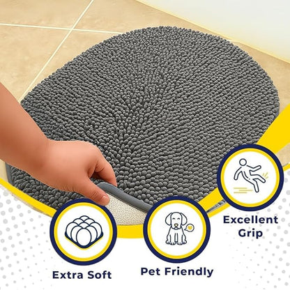 Muddy Mat® Shown on TV – Super Absorbent Microfiber Dog Door Mat for Muddy Paws, Non-Slip Washable Pet Rug, Quick Dry Chenille Entryway Carpet, Machine Washable Indoor Outdoor Mat, Grey Oval 5ft x 7ft