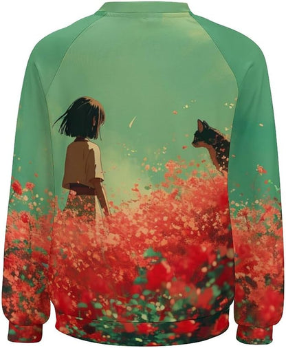 Long Sleeve Shirts for Women Cat Oil Painting Shirt 3D Graphic Sweatshirts Fall Pullover Crewneck Vintage Boho Tops