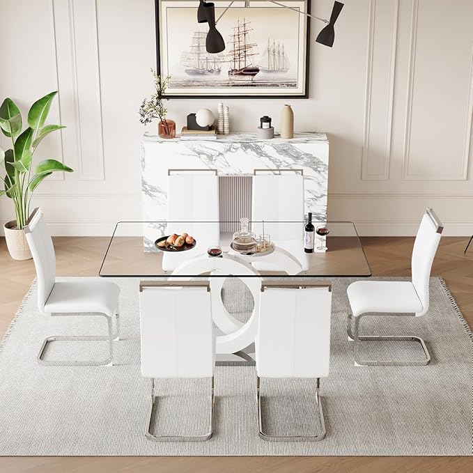 63'' Glass Dining Table Set for 6, Kitchen Table Chairs Set of 6, Clear Glass Dining Table with White unique design Leg and Silver Metal Base, 6 PU Dining Chairs with Metal Legs, Living Room, Kitchen.
