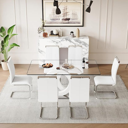 63'' Glass Dining Table Set for 6, Kitchen Table Chairs Set of 6, Clear Glass Dining Table with White unique design Leg and Silver Metal Base, 6 PU Dining Chairs with Metal Legs, Living Room, Kitchen.
