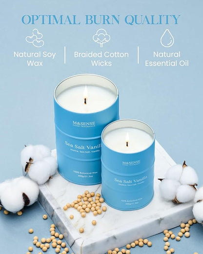 M&SENSE Sea Salt Vanilla Beach Scented Candles, Coastal Soy Candle, Summer Candle for Stress Relief Meditation Relaxing, Housewarming Gifts for Women Men, 11.3oz 70 Hour Long Burning