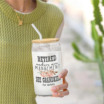 Grandma Retired Glass Cup with Lids and Straws 14oz, Best Retirement Gifts for Grandma, Mother's Day Gifts for Grandmother Glass Iced Coffee Tumbler Drinking Jars with Cleaning Brush