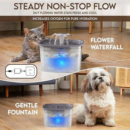 Veken Innovation Award Winner 95oz/2.8L Pet Fountain, Automatic Cat Water Fountain Dog Water Dispenser with Replacement Filters for Cats, Dogs, Multiple Pets (Transparent Grey, Plastic)