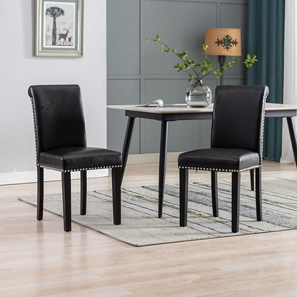 Westice Dining Room Chairs Set of 2 Upholstered PU Leather Kitchen Chairs Dining Room Side Chair with Nailhead Trim and Rubber Wood Legs for Small Space Apartment, Black