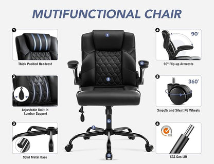 Office Chair with Adjustable Lumbar Support,Leather Ergonomic Computer Desk Chair with Flip-up Arms,Adjustable Tilt Lock,Swivel Rolling Executive PC Chair for Work, Study,Meeting,Small Space.Black