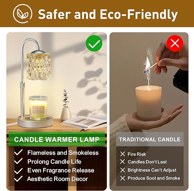 Briever Dimmable Candle Warmer Lamp with Timer, Height Adjustable Electric Candle Wax Warmer, Christmas Birthday Gifts for Women Mom, House Warming Gifts New Home Room Decor, Silver Solid Wood Base