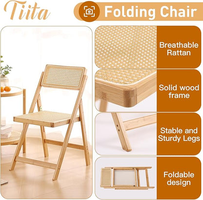 Tiita Rattan Dining Chairs Set of 1, Mid Century Modern Folding Chair, Bamboo Folding Dining Chairs for Small Space, Dining Room, Living Room, Bedroom, Wood