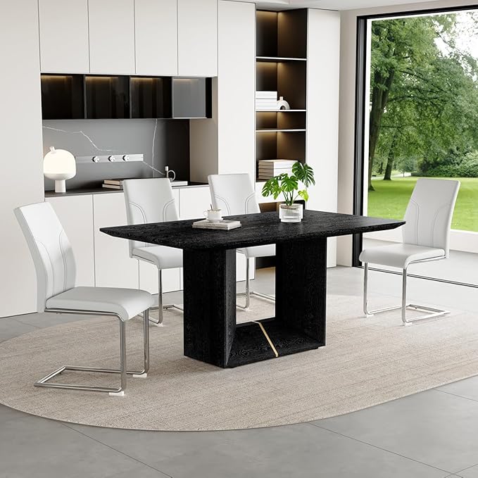 63" Modern Black Dining Table Set for 4 with Chairs, 5 Piece Rectangular Dining Room Table and 4 PU Leather Chairs, Kitchen Dining Set with Matte Wood Finish, Geometric Base, Easy Assembly