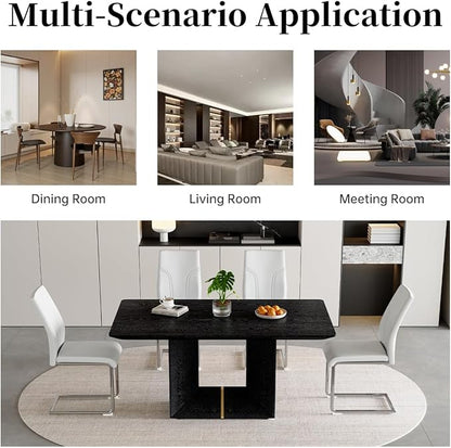 63" Modern Black Dining Table Set for 4 with Chairs, 5 Piece Rectangular Dining Room Table and 4 PU Leather Chairs, Kitchen Dining Set with Matte Wood Finish, Geometric Base, Easy Assembly