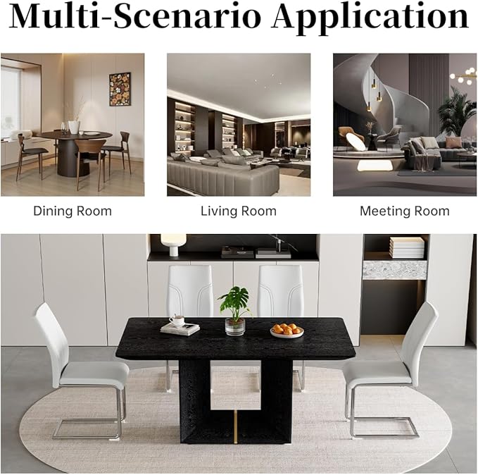 63" Modern Black Dining Table Set for 4 with Chairs, 5 Piece Rectangular Dining Room Table and 4 PU Leather Chairs, Kitchen Dining Set with Matte Wood Finish, Geometric Base, Easy Assembly