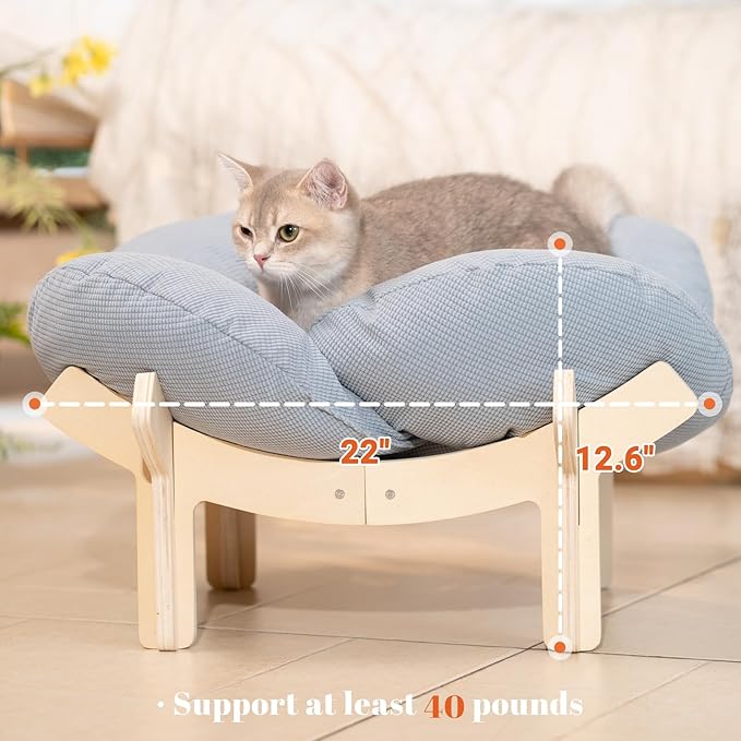 CHEERHOME PETS Elevated Cat Bed Wooden with Cushion Fluffy Pet Couch Sofa for Indoor Cats Raised Kitty Lounge Chair Suitable for Puppy, Cat Furniture(Light Blue)