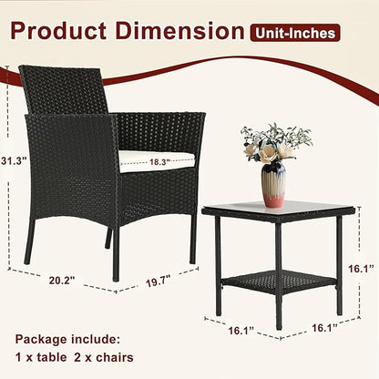 FDW Wicker Outdoor Furniture Patio Furniture Set of 3 Rattan Patio Chairs Outdoor Chairs Patio Conversation Set with Coffee Table for Yard Backyard Lawn Porch Poolside Balcony,Black