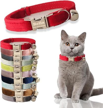 Personalized Cat Collar with Custom Name Plate, Customize Engraved Metal Buckle, Adjustable Velvet Tough Nylon Cat ID Tag Collars with Bell