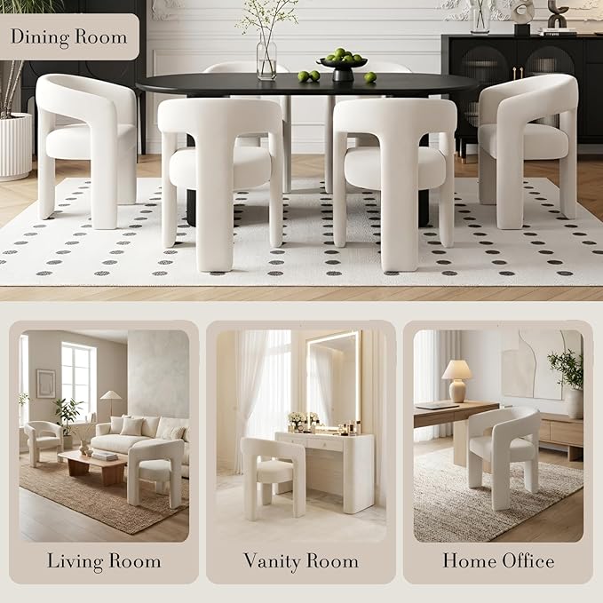 Modern Chenille Barrel Dining Chair Upholstered Fabric Dining Room Chair with Arm Comfy Accent Side Chair for Kitchen/Living Room/Reception, Beige, 1 PC