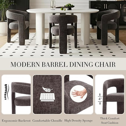 Modern Chenille Barrel Dining Chair Upholstered Fabric Dining Room Chair with Arm Comfy Accent Side Chair for Kitchen/Living Room/Reception, Charcoal Black, 1 PC