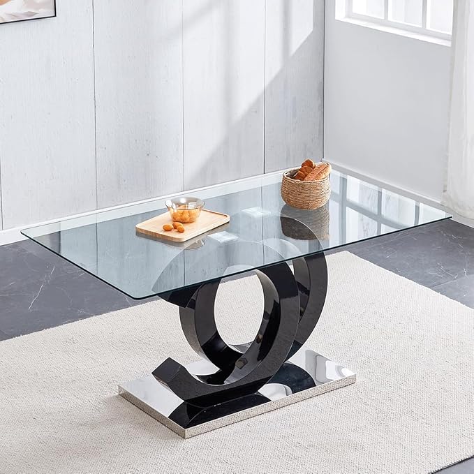 gopop 63'' Modern Glass Dining Table, Clear Glass Top with Black Unique Design Leg and Silver Metal Base, Seats 4-6, 63 x 35.4 x 30 inches