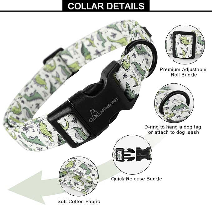 ARING PET Dinosaur Dog Collar-Cute Dog Collar for Small Dogs, Adjustable Comfortable Cotton Boy Dog Collars for Small Medium Large Dogs, Medium