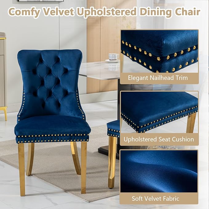 Goujxcy Modern 5 Piece Glass Dining Table Set Luxury Glass Kitchen Table and Chair Set for 4, 70" Large Rectangular Dining Room Table with 4 Tufted Chairs and Stainless Steel Legs (Gold & Blue)