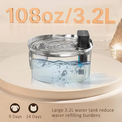Voluas Stainless Steel Wireless Cat Water Fountain: 3.2L/108oz 3-Modes Pet Drinking Fountain Indoor Cordless Motion Sensor with 4200mAh Rechargeable Battery Operated