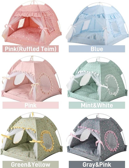 Cat Bed Tents Dog House Indoor Outdoor Lace Mesh Breathable Windows Door Curtains Removable Portable Nest Teepe House (Medium,Pink(Flower))