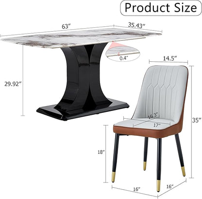 Modern Dining Table Set for 4, Marble Kitchen Table Chair Set for 4, Rectangular Kitchen Table with 4 Pu Leather Upholstered Chair for Dining Room (Brown-C, White Table Set for 4)