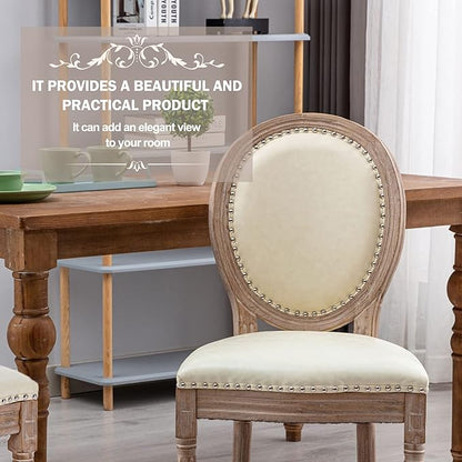 Nrizc French Country Dining Chairs Set of 4, Leather Farmhouse Dining Room Chairs with Round Back, Solid Wood Legs, Oval Side Chairs for Kitchen/Bedroom/Dining Room