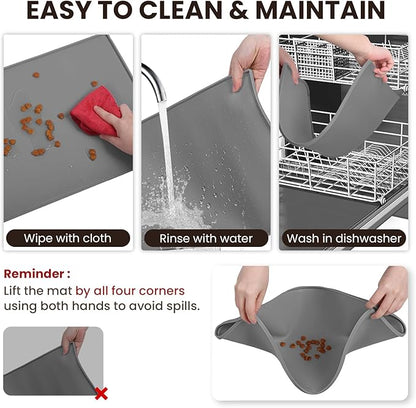 VIVAGLORY Dog Bowl Mat Grippymat Pet Food Mat, Waterproof Washable Nonslip Silicone for Pet & Cat, Food and Water Placemat with Lip & Raised Edges for Indoor Floor, S, Orange