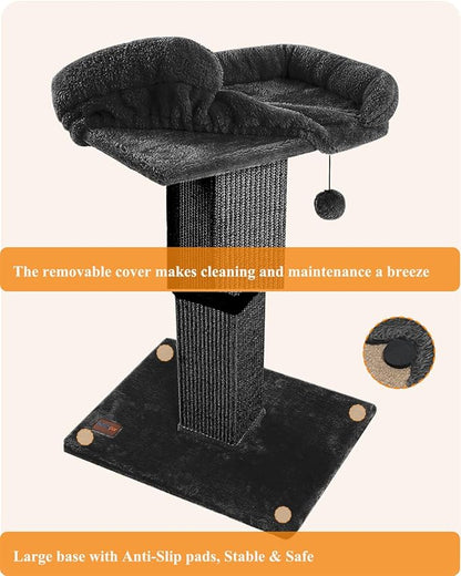 32" Cat Scratching Post for Indoor Cats, Sisal Cat Scratcher with Plush Perch, Large Scratch Post with Bed, Removable Cover, Sisal Fabric,Black