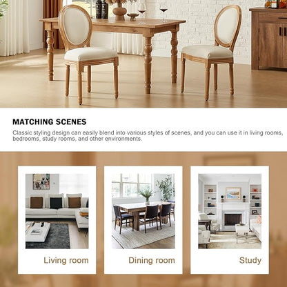 Nrizc French Dining Chairs Set of 6, French Country Dining Chair, Vintage Farmhouse Dining Chairs with Round Back, Solid Wood Beige Fabric Dining Room Chairs, for Kitchen, Bedroom, Dining Room