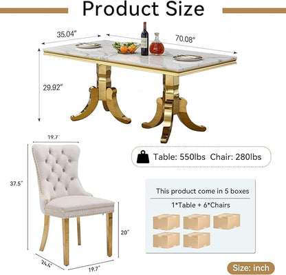 70" Faux Marble Dining Table Set for 6, 7-Piece Dining Set with White Gold Kitchen Table and 6 Velvet Tufted Chairs, Modern Rectangular Dining Room Table with American-Shape Stainless Steel Base