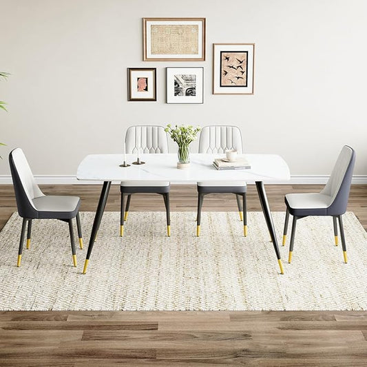 White Dining Table Set for 4, 62'' Dining Table Set for 4, Sintered Stone Dining Room Sets for 4, Easy to Assemble