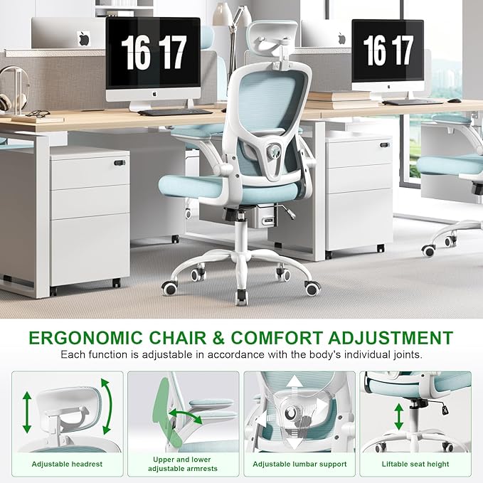 Office Computer Desk Chair - Lumbar Support and Headrest, Ergonomic Mesh Back Swivel Task Chair,Flip-Up Arms for Desk Work, 90-120° Tilt Rolling Chair for Home Office(White-Blue6076)