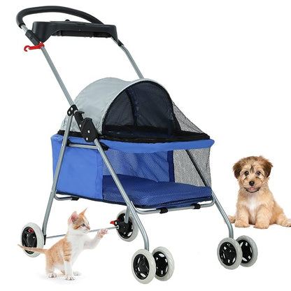 Pet Stroller 4 Wheels Posh Folding Waterproof Portable Travel Cat Dog Stroller with Cup Holder,Blue