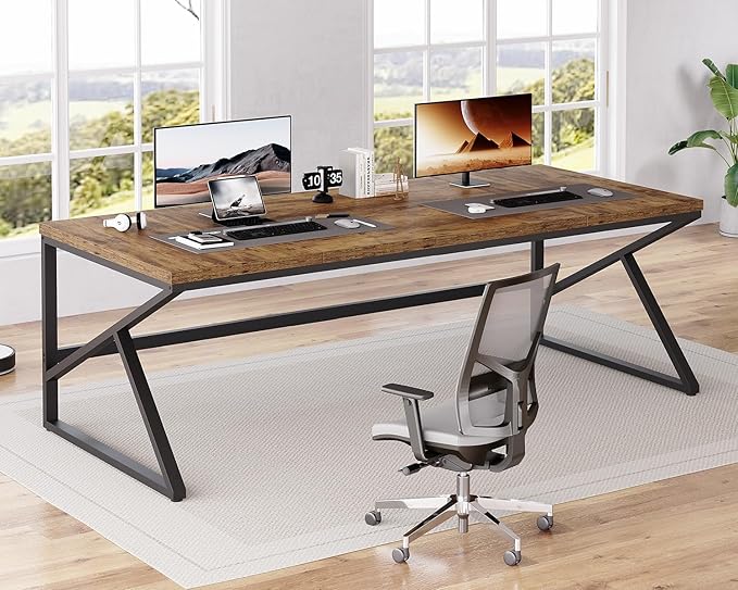 HSH Large Rustic Brown Computer Desk, 78 Inch Extra Long Metal Wood Desk for Home Office, Two Person Executive Writing Study Gaming Desk Table, Bedroom Living Room PC Laptop Dual Monitor Desk