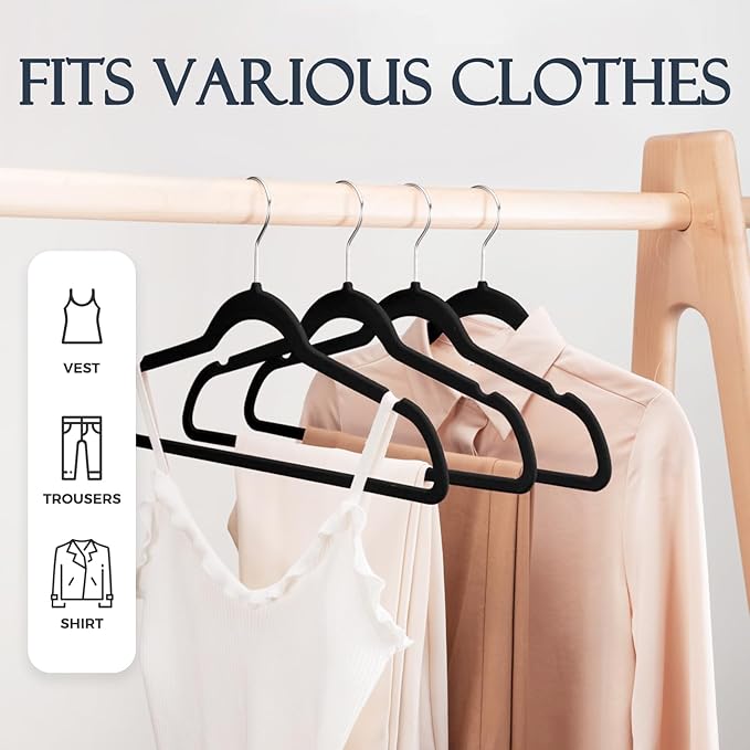 HOUSE DAY Black Velvet Hangers 60 Pack, Non Slip Clothes Felt Hanger Heavy Duty for Coat, Premium Slim Space Saving Suit Hangers for Closet Organizer, 360° Rotating Silver Hook
