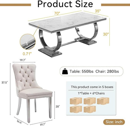 Goujxcy 7 Piece Marble Dining Table Set for 6, Luxury 70" White Marble Silver Kitchen Table with 6 Beige Velvet Upholstered Chairs, Modern 6 Person Dining Room Table Set for Kicken Dining Office Room