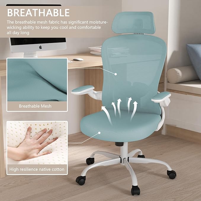 Office Chair, High Back Ergonomic Desk Chair, Breathable Mesh Desk Chair with Adjustable Lumbar Support and Headrest, Swivel Task Chair with flip-up Armrests, Executive Chair for Home Office