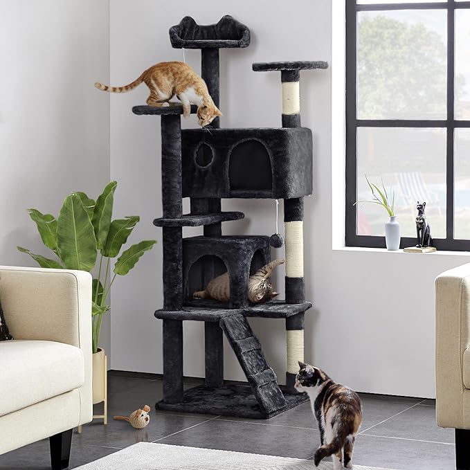 Yaheetech 62in Cat Tree Tower for Indoor Cats, Furniture w/Double Condo, Scratching Posts, Multiple Platforms and Balls for Kittens, Black