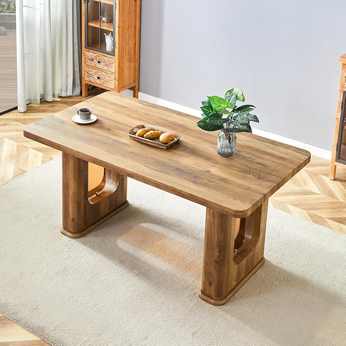Dining Room Table for 6 - Wooden Dining Table with 1.7-Inch Thick Seamless Tabletop and Dual Pedestal Base,64.5'' Farmhouse Dining Table Ideal for Kitchen,Home Office(Easy to Assemble)