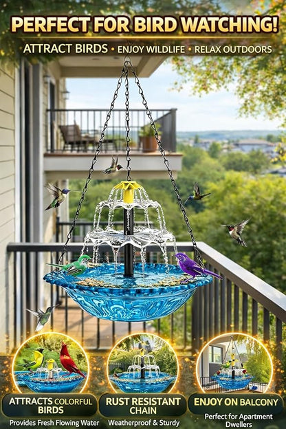 Solar Cascade Hanging Bird Bath Fountain, 2026 New Outdoor Hanging Bird Bath with Solar Fountain, Large Humming Birds Baths Fountains, with Solars Pump & Glass Bowl, for Outdoor, Gardens (#9)