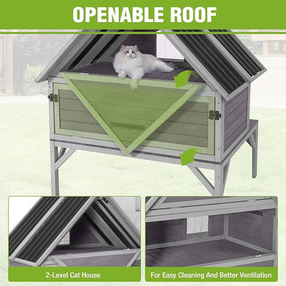 GUTINNEEN Large Outdoor Cat House 2-Story Insulated Cat House Indestructible Weatherproof Feral Cat Shelter with Openable Roof, Escape Doors for 1-6 Feral Barn Cats (Winter-Ready, 43.3"x34.3"x48.5")