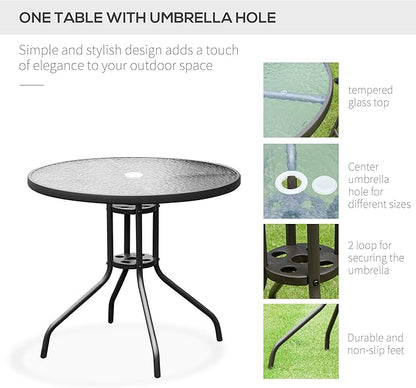 Outsunny 6 Piece Patio Dining Set for 4 with Umbrella, Outdoor Table and Chairs with 4 Folding Dining Chairs & Round Glass Table for Garden, Backyard and Poolside, Black